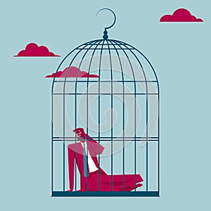 The businessman was trapped in a bird cage.